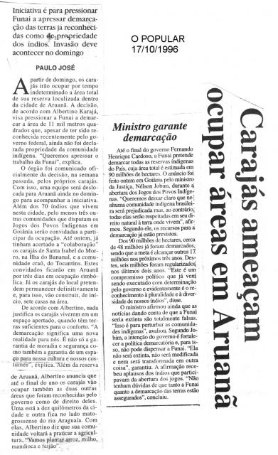 Carajás ameaçam ocupar áreas em Aruana 17/10/1996