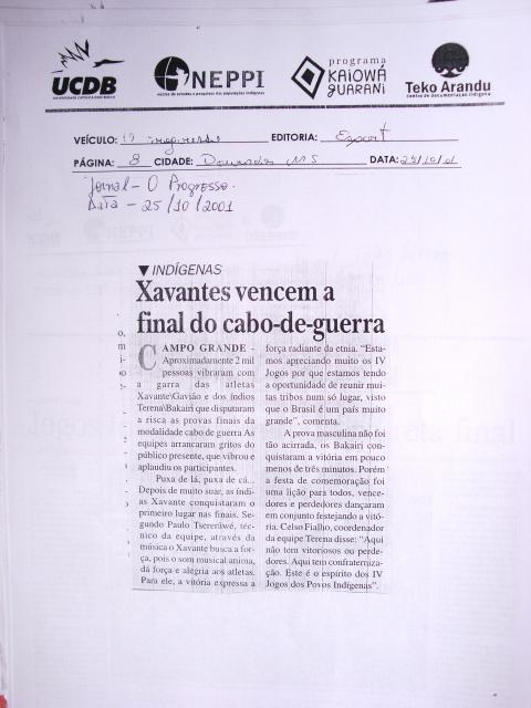 Xavantes vencem a final do cabo-de-guerra 25/10/2001